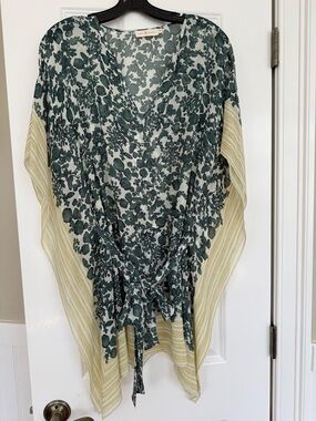 Tory Burch Green Floral & Yellow Stripe Sheer Tie-Front Kimono